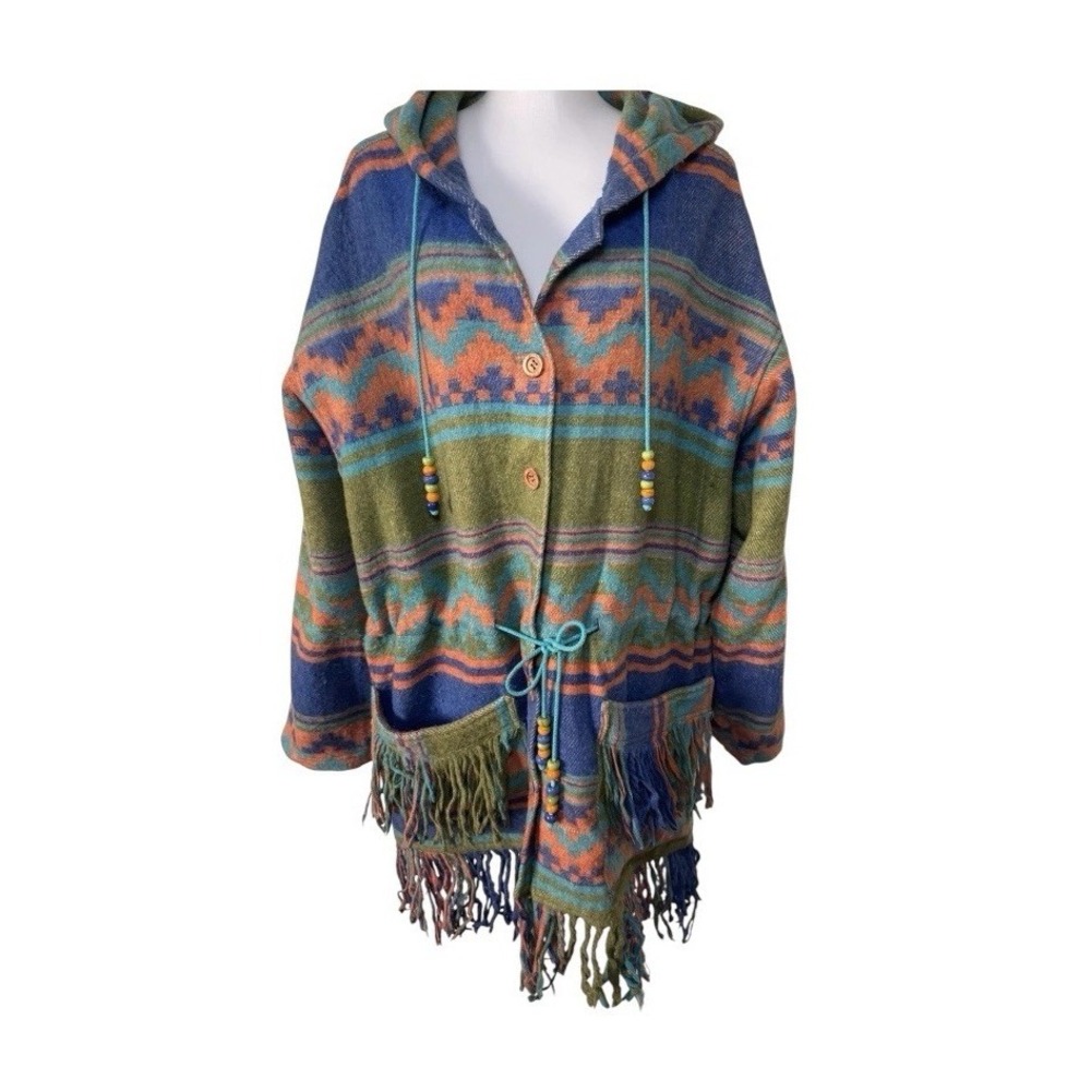 VTG JouJou Aztec Fringe Beaded Jacket Wool Blend Hooded Size XL?
